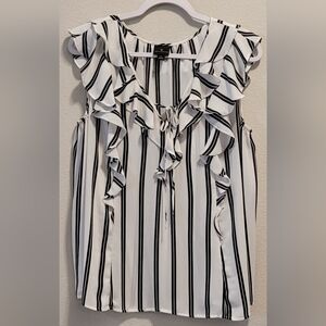 Black and White Striped Ruffle Blouse